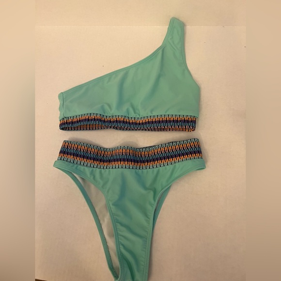 SWIMSUIT UNBRANDED MINT GREEN WITH MULTI COLORED HORIZONTAL COLORS AT WAIST MED - Picture 3 of 8